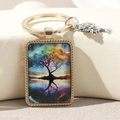 Golden Tree of Life rectangle keychain with artistic glass pendant and silver tree charm - Warm Golden Tree(2)