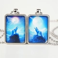 Silver wolf and moon pendant necklaces with glass art and metallic ball chain - Style 4 Necklace