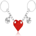 Couples heart keychain set with interlocking red blocks and gesture charms - Red