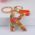 Détail porte-clés lettre K en résine avec tranches de fruits et pompon orange suède - Lettre K