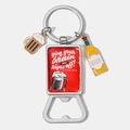 Close-up of a silver beer bottle opener keychain with colorful enamel charms and slogan - give your brain the night off! Pattern (7)