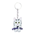 Detailopname van de acryl blije kat sleutelhanger met zilveren ring en Thank You tekst - Thank You Meme Kat (4)