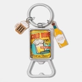 Close-up of portable metal beer opener keychain with retro enamel beer bottle charms - COLD BEER Vintage Color Print Pattern (9)