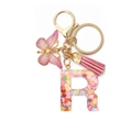 Detail of pink resin letter R keychain with sequins, butterfly charm and suede tassel - Letter R