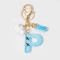 Sky theme resin keychain with blue letter P, white cloud charm and sky blue tassel - Letter P Style (P)