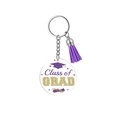 Detail of graduation acrylic keychain with purple tassel and class of grad print - Purple