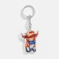 Detailed macro view of acrylic Highland Cow keychain with American flag scarf design - Flag Element Snood Style (8)