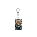 Detailed view of 2D acrylic keychain with creative cat illustration and silver lobster clasp - Ginger Cat in Blue Beanie (5)