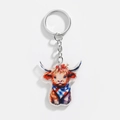 Detailed view of acrylic Highland Cow keychain with festive scarf and metal ring clasp - Blue Red Plaid Scarf Style (10)