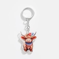 Macro view of highland cow acrylic keychain featuring American flag star-stripe scarf - Flag Scarf with Red Blue Flowers Style (13)