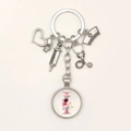 Detailed silver medical keychain with nurse charms, stethoscope, and pink floral letter I - Letter I / 9.5CM