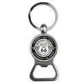 Macro detail of silver Route 66 bottle opener keychain with states name engraving - Black and White Shield with States