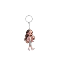 Detail of cute acrylic girl keychain with silver metal ring and brown curly hair charm - Pink Casual Jacket Girl with Coffee Style (8)
