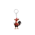 Detailed macro of a 2D acrylic cartoon cowboy rooster pendant keychain with silver ring - Rooster with Gun and Bandolier