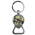 Macro shot of Route 66 zinc alloy bottle opener keychain with vintage car glass dome - Hot Rod and Route 66 Slogan