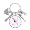Porte-clés dentaire en argent avec brosse à dents et initiale N à motif floral - Motif Alphabet N (N)