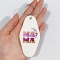Vintage hotel-style MOM keychain in white acrylic with purple glitter MAMA lettering - Gradient Purple MAMA (1)