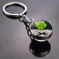 Macro shot of glass ball pendant with green clover pattern on reflective surface - Green Leaf B&W Vegetation Background(5)
