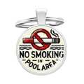Close-up of circular metal keychain featuring No Smoking In Pool Area warning sign - Pool Area No Smoking Sign Style (6)