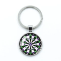 Close-up of circular dartboard keychain featuring silver metal frame and colorful numbers - Purple Green Pattern (10)