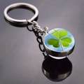 Close-up of a silver four-leaf clover keychain with a crystal glass ball pendant - Blue Sky and Green Leaf Painting(11)
