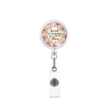 Close-up of retractable badge reel with floral art and inspirational text detail - Bind MY WANDERING to HEART Thee Style (1)