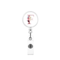 Detail showing retractable badge reel with letter F and pink floral glass dome design - Letter F