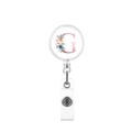 Detail of retractable badge reel with floral letter G design and white snap strap - Letter G