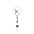 Detailed close-up of retractable badge reel featuring a floral pink letter M design - Letter M