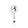 Dettaglio del porta badge retrattile con silhouette di ginnasta di yoga su disco metallico - Movimento di Equilibrio (16)