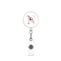Detail of retractable badge reel with floral letter N print and secure metal fastener - Letter N