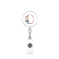 Detail of retractable badge holder with flower pattern and pink letter O on white background - Letter O