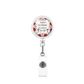 Close-up of retractable badge reel featuring floral design and Sisters in Christ quote - Sisters in Christ are sisters for life Style (3)