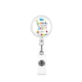 Detail of retractable badge reel featuring cloud and floral illustration with German text - German Danke Floral Ladybug Style (18)