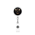 Close-up of retractable badge reel with gold letter P design and butterfly accent - Letter P
