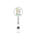 Detail of retractable ID badge reel with rainbow print and German gratitude text - German Danke Floral Butterfly Style (10)