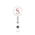 Detail of retractable ID badge holder featuring a floral letter S badge and PVC strap - Letter S