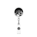 Close-up of retractable badge reel featuring a black and white chess themed decorative disc - Monochrome Photo Style (7)