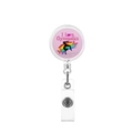 Detail of retractable gymnastics badge reel with I Love Gymnastics print and clear PVC strap - Pink Background Gymnast (3)