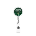 Detail of retractable badge holder with golden cross and religious quote on green background - Where God guides HE PROVIDES Style (8)