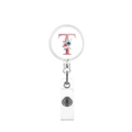 Macro shot of retractable badge holder with floral letter T design on white background - Letter T