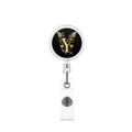 Detail of retractable badge holder featuring golden letter Y and butterfly motif on black - Letter Y