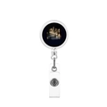 Detailed view of chess knight patterned retractable badge holder with metal hook - Golden Knight Piece Style (9)