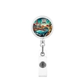 Detail showing the Route 66 vintage illustration on a white retractable badge reel - Blue Convertible Vintage Car Style (11)