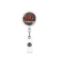 Detail of retractable ID badge reel featuring vintage No Smoking sign and metal clip - Industrial Vintage No Smoking Style (8)