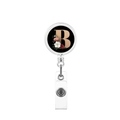 Dettaglio del porta badge retrattile con stampa floreale nera e design a lettera B metallica - Lettera B