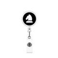 Detail of retractable badge reel featuring a white chess knight icon on black background - Letter F