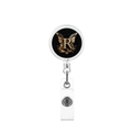 Detail of retractable badge reel with black floral butterfly and letter R print - Letter R