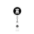 Detail of retractable badge reel with black rook chess print and durable PVC strap - Letter E