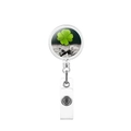 Close-up of retractable clover badge reel with a metal pull ring and clear plastic clip - Water Splash Background Closeup Clover Style (12)